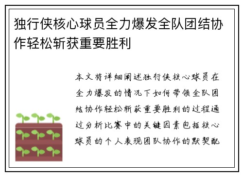 独行侠核心球员全力爆发全队团结协作轻松斩获重要胜利