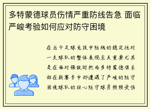 多特蒙德球员伤情严重防线告急 面临严峻考验如何应对防守困境