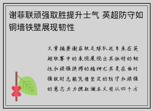 谢菲联顽强取胜提升士气 英超防守如铜墙铁壁展现韧性