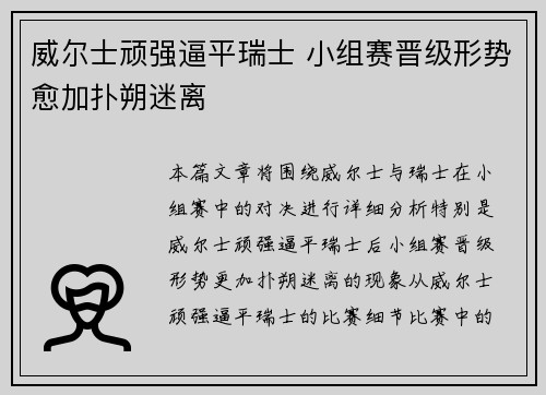 威尔士顽强逼平瑞士 小组赛晋级形势愈加扑朔迷离