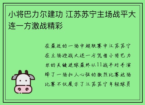 小将巴力尔建功 江苏苏宁主场战平大连一方激战精彩