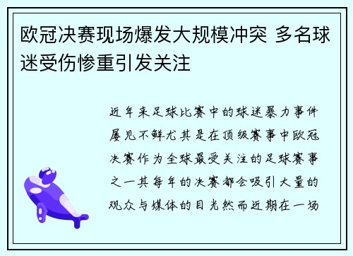 欧冠决赛现场爆发大规模冲突 多名球迷受伤惨重引发关注