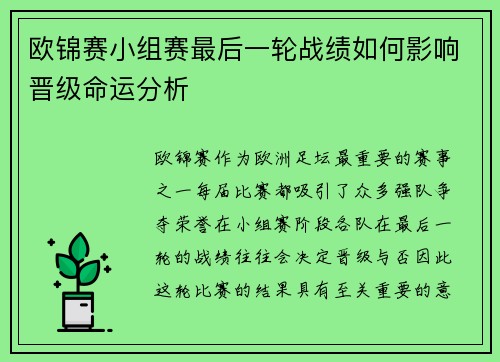 欧锦赛小组赛最后一轮战绩如何影响晋级命运分析