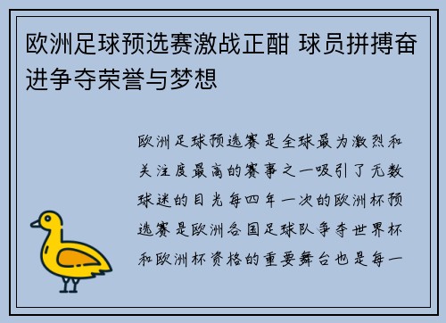 欧洲足球预选赛激战正酣 球员拼搏奋进争夺荣誉与梦想