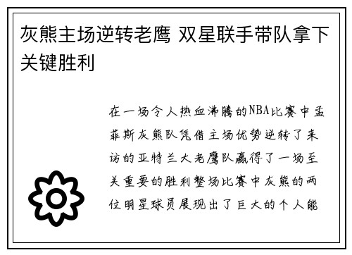 灰熊主场逆转老鹰 双星联手带队拿下关键胜利