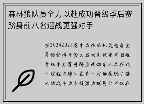 森林狼队员全力以赴成功晋级季后赛跻身前八名迎战更强对手